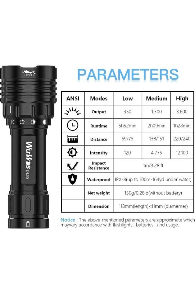 Dalış Lambası, 3600 Lümen Dalış El Feneri, Şarj Edilebilir, IPX8 Su Geçirmez, Su Altı El Feneri
