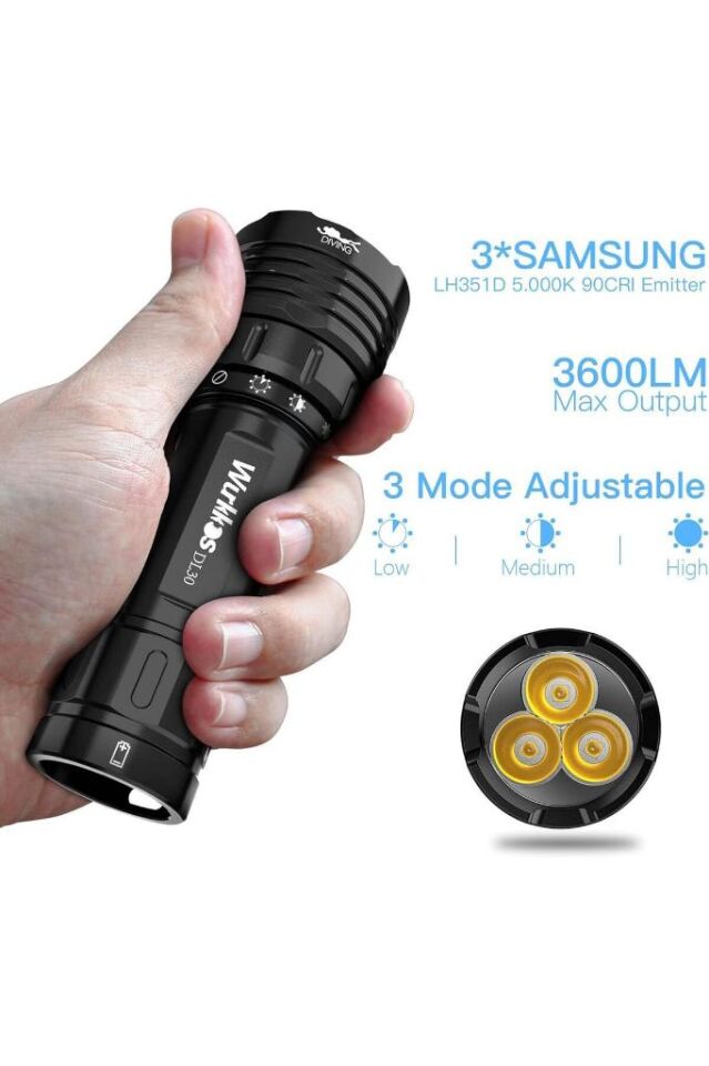 Dalış Lambası, 3600 Lümen Dalış El Feneri, Şarj Edilebilir, IPX8 Su Geçirmez, Su Altı El Feneri